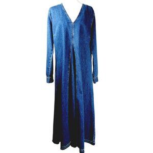 Zara Tilda Denim Maxi Dress Long Sleeve V Neck, Midline Pleat, Frayed Hem Sz LRG